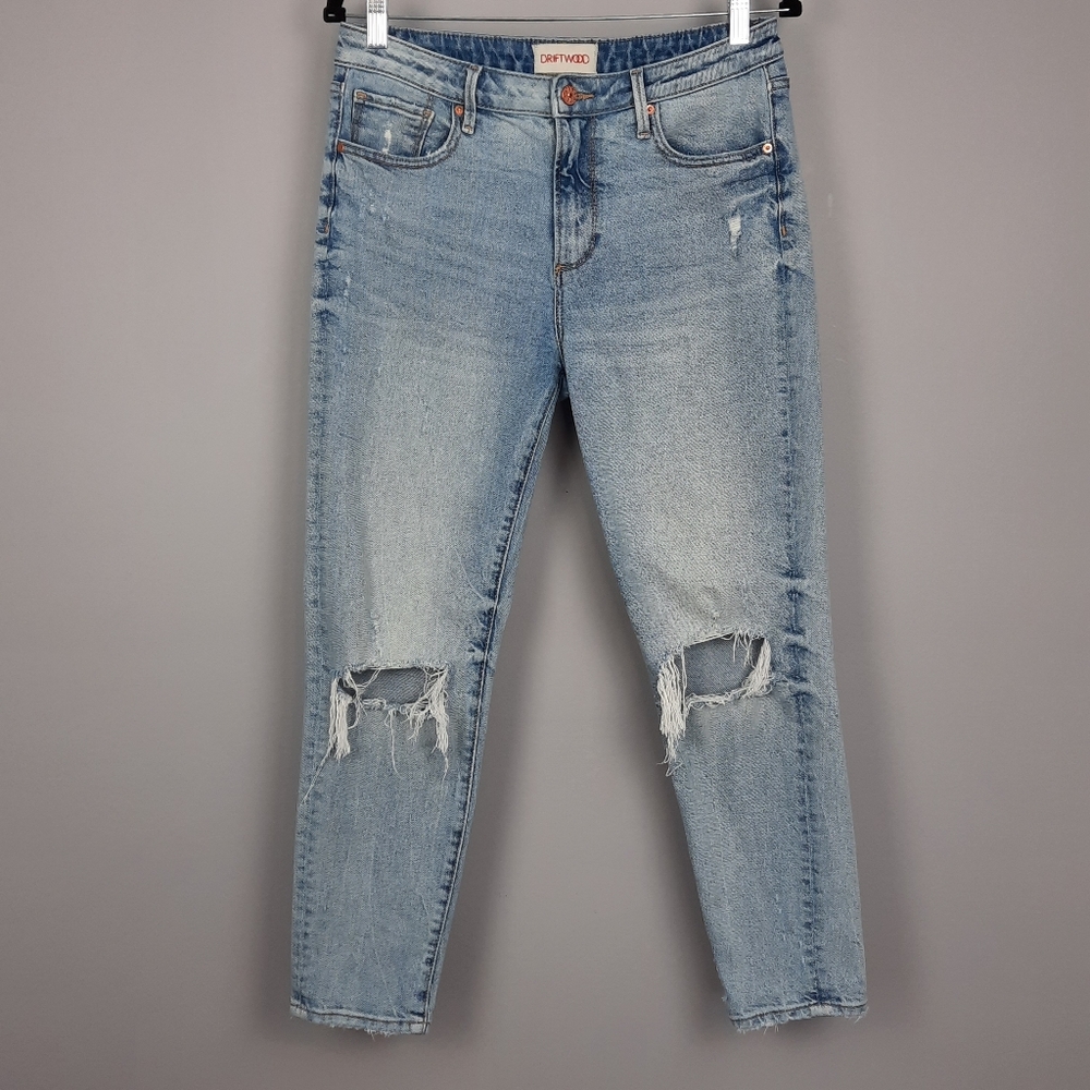Driftwood Gizelle Light Wash High Rise Distressed Ripped Knee Skinny Jeans 28